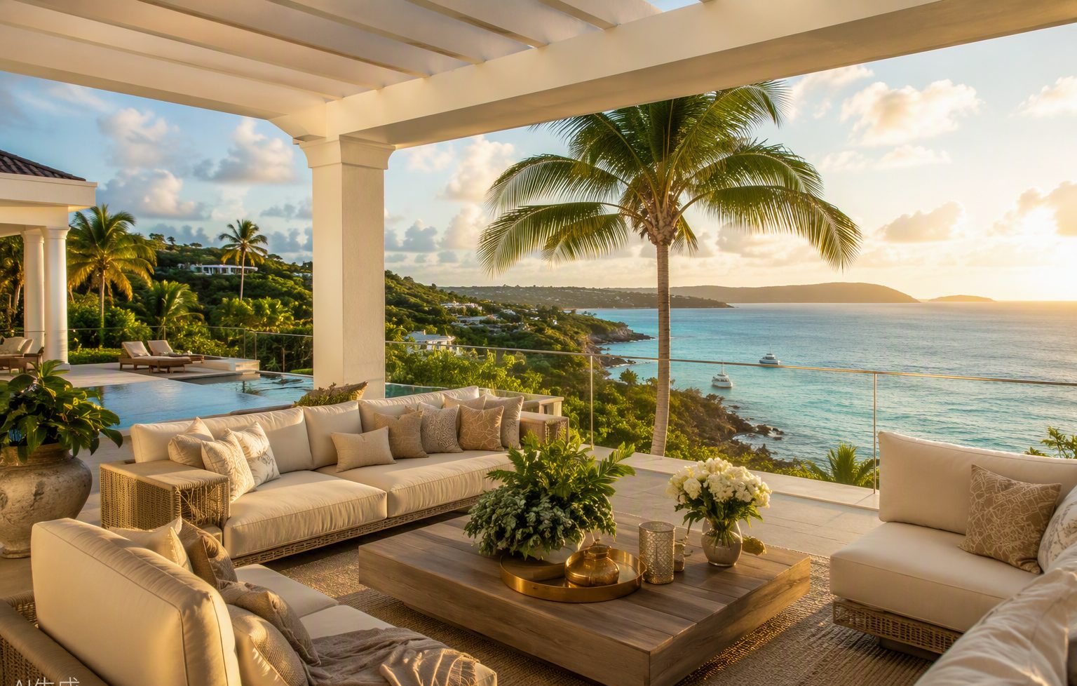 Terrasse de villa caribéenne face au lagon