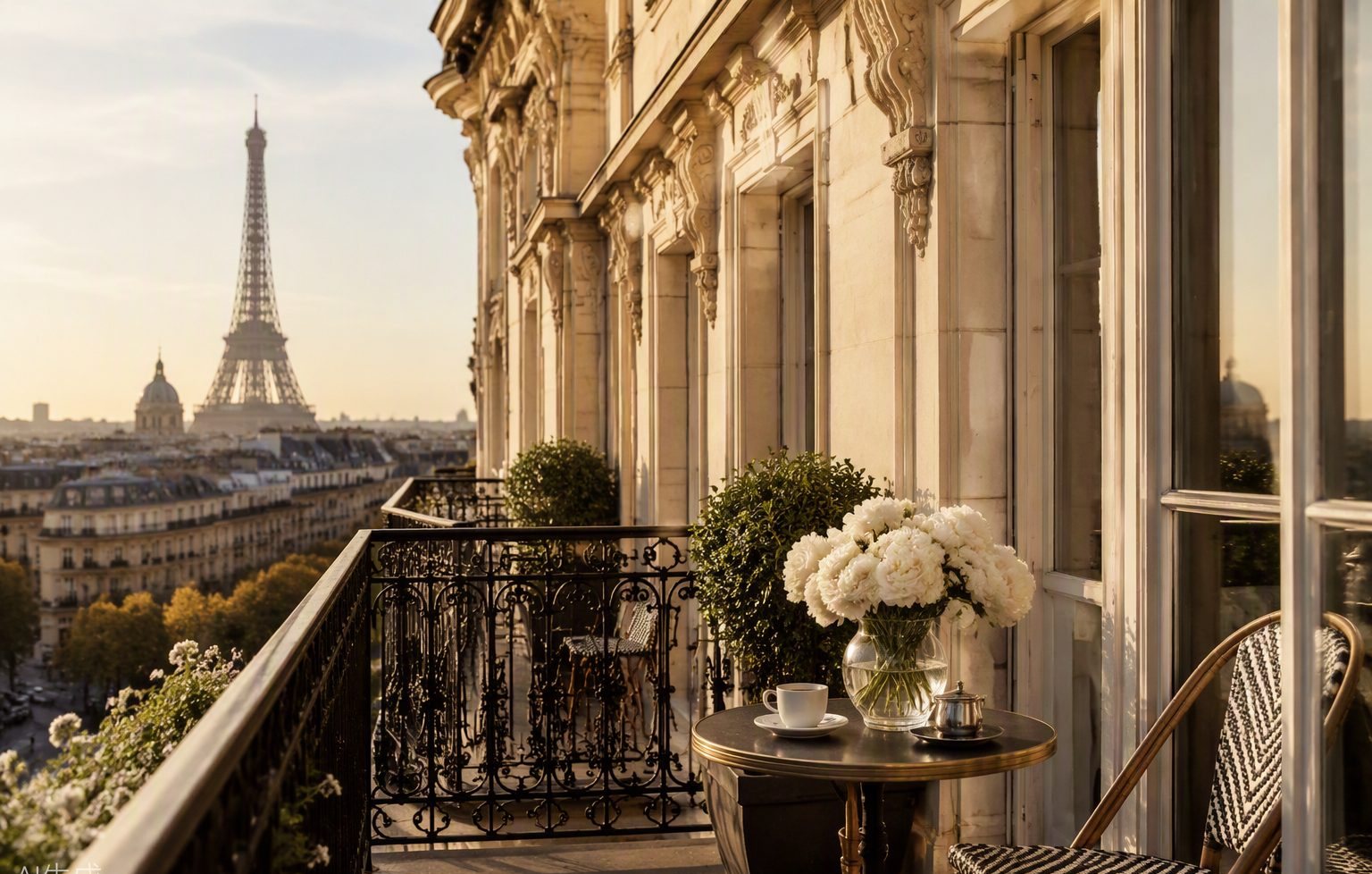 Balcon haussmannien avec vue sur la Tour Eiffel, Paris